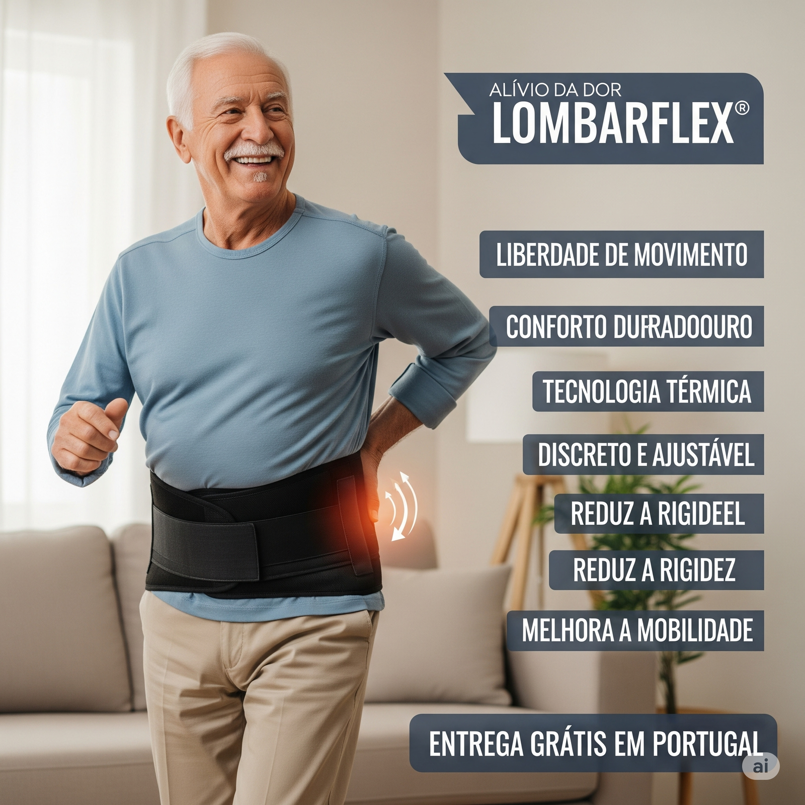 Idoso Português do Norte usando LombarFlex discretamente